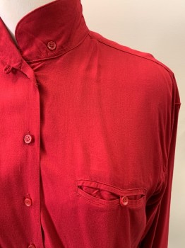 GAP, Red, Rayon, Solid, L/S, Button Front, Mandarin Collar, Welt Pocket With Button, Oversize
