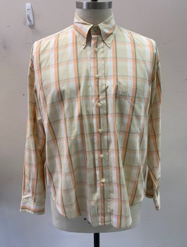 FACONNABLE, White, Peach Orange, Dusty Yellow, Lt Olive Grn, Cotton, Plaid, L/S, Button Front, Button Down Collar, Chest Pocket, Back Pleat with Locker Loop