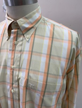 FACONNABLE, White, Peach Orange, Dusty Yellow, Lt Olive Grn, Cotton, Plaid, L/S, Button Front, Button Down Collar, Chest Pocket, Back Pleat with Locker Loop