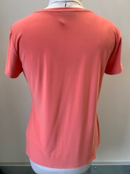 DKNY, Coral Pink, Polyester, Elastane, Solid, S/S, Wide Neck, Gold Bead Neckline,
