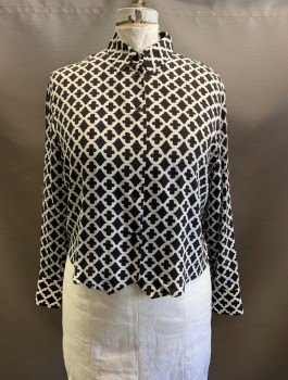 REBECCA MINKOFF, White, Black, Polyester, Geometric, C.A., Button Front, L/S, Split Hem at Back *Stain Under 3rd Button