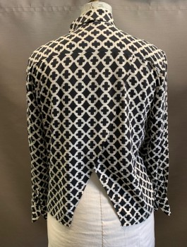 REBECCA MINKOFF, White, Black, Polyester, Geometric, C.A., Button Front, L/S, Split Hem at Back *Stain Under 3rd Button