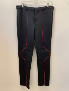 NO LABEL, Black, Red, Polyester, Solid, F.F, Red Piping Detail, Zip Front, Belt Loops, Made To Order