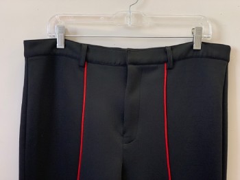 Mens, Sci-Fi/Fantasy Pants, NO LABEL, Black, Red, Polyester, Solid, 36/34, F.F, Red Piping Detail, Zip Front, Belt Loops, Made To Order
