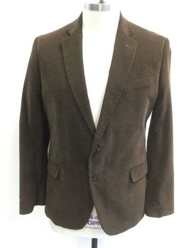 Mens, Sportcoat/Blazer, STAFFORD, Chocolate Brown, Cotton, Solid, 46R, Corduroy, Single Breasted, Collar Attached, Notched Lapel, 3 Pockets, 2 Buttons,  Charcoal Elbow Patches