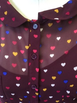 Womens, Dress, Short Sleeve, N/L, Plum Purple, Blue, Yellow, White, Pink, Polyester, Novelty Pattern, W27, B34, 2pc Dress. Sheer Poly with Heart Print Dress. Button Placet, Collar Attached, Short Sleeves,