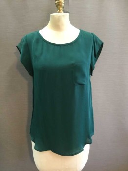 Joie, Forest Green, Silk, Solid, Cap Sleeves, Breast Pocket, Woven, Wide Neck, Keyhole Back Button Neck Closure, Shirttail Hem
