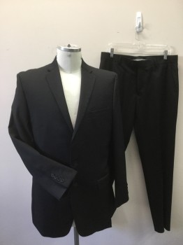 CALVIN KLEIN, Black, Wool, Polyester, Solid, Gabardine 2 Button, Single Breasted, 3 Pockets, 2 Vents at Back