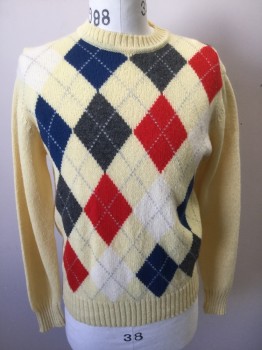 Mens, Pullover Sweater, SIBLEY'S, Lt Yellow, Red, Charcoal Gray, Blue, White, Wool, Argyle, M, L/S, Ribbed Crew Neck/Cuff/Waistband