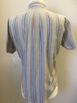 Mens, Dress Shirt, GOLD LINE, Brown, Aqua Blue, Navy Blue, Red, Cotton, Polyester, Stripes - Vertical , M, Short Sleeves, Button Front, Collar Attached, 1 Pocket,