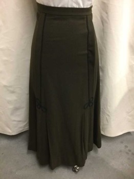 N/L, Olive Green, Black, Wool, Solid, Solid Olive Wool with Black Gimp Applique Trim , Vertical Pleats Center Front From Waist To Hem, Small Pleats At Hem, Made To Order,