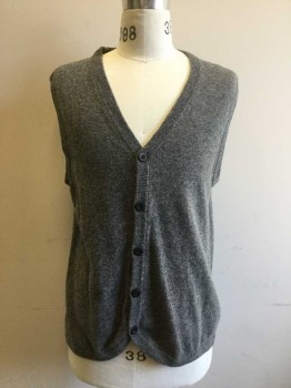 Mens, Sweater Vest, H. E. By MANGO, Gray, Wool, Acrylic, Heathered, 42-44, L, V Neck, Button Front, Flat Ribbed Back
