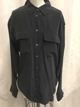 Womens, Blouse, EQUIPMENT, Black, Silk, Solid, XS, Long Sleeve Button Front, Collar Attached, 2 Flap Pockets