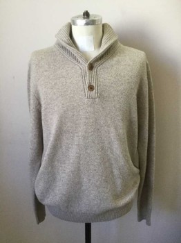 Mens, Pullover Sweater, J CREW, Beige, Gray, Wool, Mottled, L, Long Sleeves, Ribbed Knit Shawl Collar, 2 Button, Ribbed Knit Cuff/Waistband