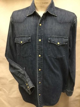J.CREW, Blue, Cotton, Heathered, Heather Blue Denim, Collar Attached, Western Yoke, Milky Snap Front, Long Sleeves, 2 Pockets W/flap