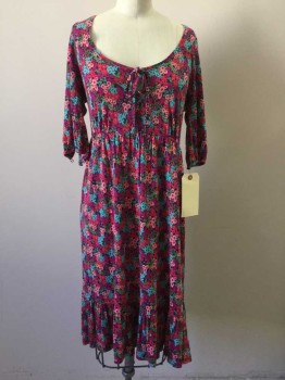 Womens, Dress, Long & 3/4 Sleeve, SUSINA, Navy Blue, Multi-color, Rayon, Floral, L, Navy with Hot Pink/ Lt Pink/ Purple/ Turquoise / Green/ Magenta Floral Print, V Neck with Self Tie, Elastic Waist, 3/4 Sleeve