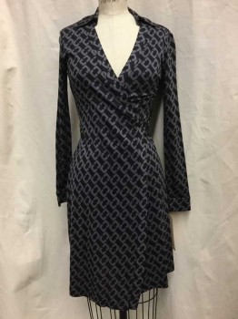 Womens, Dress, Long & 3/4 Sleeve, DVF, Black, Gray, Silk, Novelty Pattern, 2, Black with Gray Novelty Print, Collar Attached, Long Sleeves, Self Tie Wrap