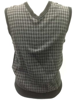 DOCKERS, Black, Charcoal Gray, Cotton, Gingham, V-neck, Pullover,