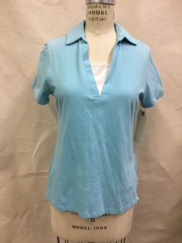 LAURA SCOTT, Aqua Blue, White, Cotton, Spandex, Color Blocking, Pullover, Short Sleeves, Polo with No Buttons and Modesty Panel