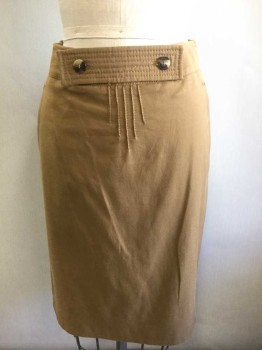 Womens, Skirt, Knee Length, PIAZZA SEMPIONE, Caramel Brown, Cotton, Viscose, Solid, W:28, Straight Fit, Knee Length, Top Stitched Panel at Waist with 2 Tortoise Shell Buttons, Decorative Pin Tucks at Center Front, Waist, 2 Welt Pockets at Sides