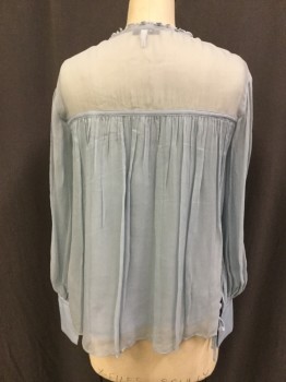 REISS, Lt Blue, Viscose, Solid, Sheer Crepe, V-neck Ruffle Edge, Front and Back Yoke, Drawstring Across Front Yoke, Long Sleeves with Tie Cuffs, Body is Lined