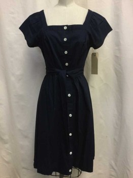 Womens, Dress, Short Sleeve, JCREW, Navy Blue, Cotton, Solid, 4, Navy, Button Front, Short Sleeves, Square Neck, Self Tie Belt Attached