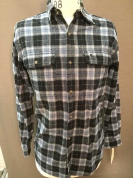 CARHARTT, Black, Dusty Blue, Charcoal Gray, Lt Blue, Cotton, Plaid, Long Sleeves, Button Front, 2 Pockets, Collar Attached, Flannel