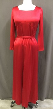 Womens, Evening Gown, MTO, Red, Silk, Solid, 32W, 38B, Charmeuse, Square Neck, Long Sleeves, Bias Cut Full Length Gown, with MATCHING BELT, Buttons and Snaps Center Back, 1930's Look