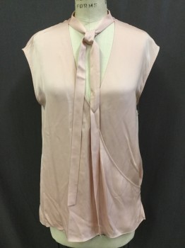 THEORY, Blush Pink, Silk, Solid, Sleeveless, V-neck Surplice, Attached Tie Neck