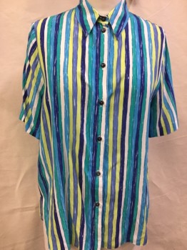 N/L, White, Emerald Green, Violet Purple, Turquoise Blue, Lt Green, Polyester, Cotton, Stripes, Button Front, Short Sleeves, Collar Attached,