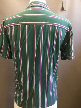 URBAN OUTFITTERS, Gray, Purple, White, Rayon, Stripes, Button Front, Short Sleeves, Collar Attached, Patch Pocket