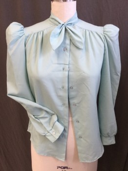 AVON FASHIONS, Mint Green, Polyester, Solid, 1" Crew Neck with Self Belt Loop Bow Tie, Yoke Front, Puffy Long Sleeves, Button Front, Curved Hem