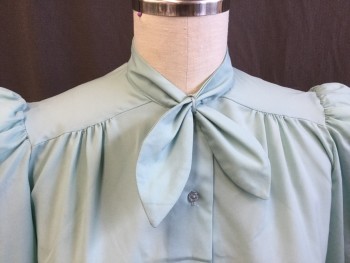 AVON FASHIONS, Mint Green, Polyester, Solid, 1" Crew Neck with Self Belt Loop Bow Tie, Yoke Front, Puffy Long Sleeves, Button Front, Curved Hem