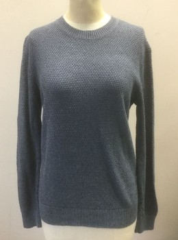 CLUB MONACO, Slate Blue, Cotton, Solid, Bumpy Textured Knit, Long Sleeves, Crew Neck, Ribbed Neck/Waist/Cuffs