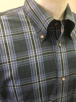 NORDSTROM, Navy Blue, Dk Blue, Off White, Slate Gray, Cotton, Plaid, Long Sleeves, Button Front, Button Down Collar, 1 Pocket,