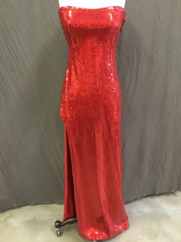 Womens, Evening Gown, NO LABEL, Red, Polyester, Elastane, Solid, M, (double) Strapless, Red Sequins Stretchy, Thigh High Split