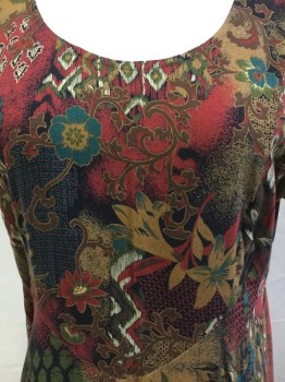 ALL THAT JAZZ, Lt Brown, Rust Orange, Gray, Cranberry Red, Green, Rayon, Floral, Geometric, Round Neck,  Short Sleeves, 3/4 Length, Flair Bottom