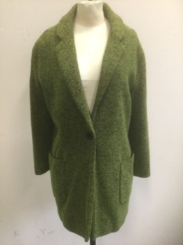 LOVESTITCH, Acid Green, Black, Polyester, Wool, Speckled, Acid Green/Black Speckled Static Weave, Single Breasted with 1 Button Front, Notched Lapel, 2 Large Patch Pockets at Hips, Below Hip Length, Black Lining
