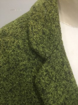 LOVESTITCH, Acid Green, Black, Polyester, Wool, Speckled, Acid Green/Black Speckled Static Weave, Single Breasted with 1 Button Front, Notched Lapel, 2 Large Patch Pockets at Hips, Below Hip Length, Black Lining