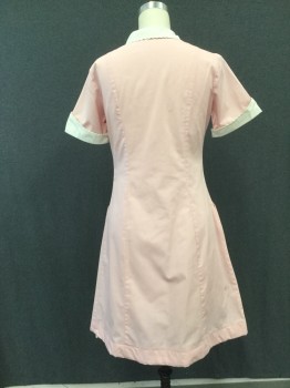Womens, Waitress/Maid, WHITE SWAN, Lt Pink, White, Polyester, Cotton, Solid, B 48, 20, W40, Zip Front, 3 Pockets, Short Sleeves, White Collar Attached with Scallopped Detail, White Turned Back Cuff with Scallopped Detail