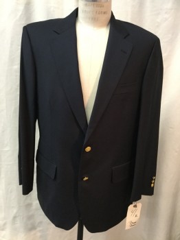 BROOKS BROTHERS, Midnight Blue, Wool, Solid, Single Breasted, 2 Buttons,  Notched Lapel, 3 Pockets, Top Stitch,