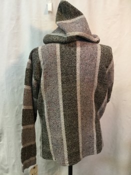 Mens, Pullover Sweater, N/L, Black, Beige, Multi-color, Cotton, Tweed, Stripes - Vertical , XL, Hooded Surfer Tunic, Loose Weave, Pouch Pocket,