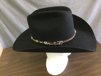 Mens, Cowboy Hat, STETSON, Black, Fur, Solid, 7 1/2, Fur Felt, Fur Felt Hat Band with Silver Buckle, & Brown Leather Hat Band with Silver Buckle