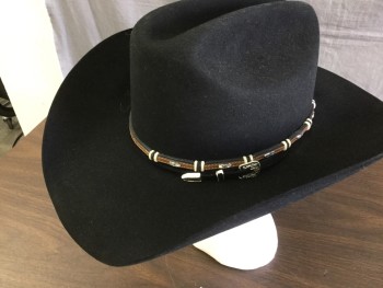 Mens, Cowboy Hat, STETSON, Black, Fur, Solid, 7 1/2, Fur Felt, Fur Felt Hat Band with Silver Buckle, & Brown Leather Hat Band with Silver Buckle