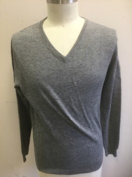 Mens, Pullover Sweater, J.CREW, Gray, Cotton, Solid, L, Knit, V-neck, Long Sleeves