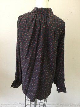 COLOVOS, Black, Red, Silk, Novelty Pattern, Black Charmeuse with Red Hand Print, Button Front, Collar Attached, Dolman Long Sleeves, Cuff, Ruched at Back Neck Nape