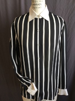 LAUREN ( R.L), Black, Cream, Silk, Stripes - Vertical , Sheer, Solid Cream Collar Attached & Long Sleeves Cuffs,  Button Front,