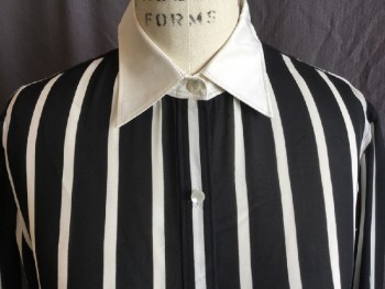 LAUREN ( R.L), Black, Cream, Silk, Stripes - Vertical , Sheer, Solid Cream Collar Attached & Long Sleeves Cuffs,  Button Front,
