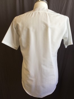 Mens, Dress Shirt, VAN HEUSEN, White, Cotton, Polyester, Stripes - Vertical , 15, Vertical Self Vertical Stripes, Collar Attached, Button Front, 1 Pocket, Short Sleeves,