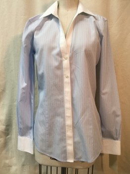 BROOKS BROTHERS, Lt Blue, White, Cotton, Stripes - Vertical , Button Front, Collar Attached, V-neck, White Trim with Blue Embroidery